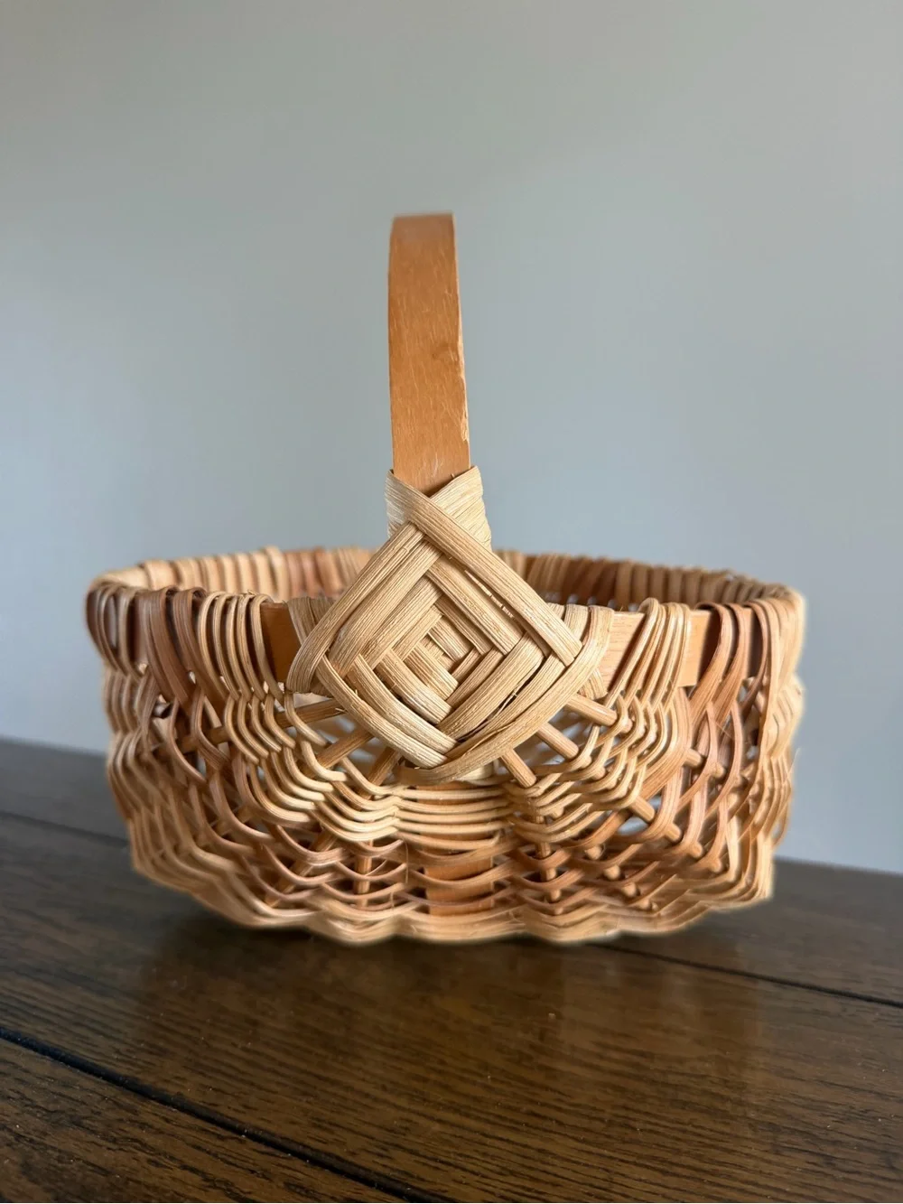 Buttocks Basket God's Eye Hand Woven Vintage Splint w Oak Handle Primitive Butt